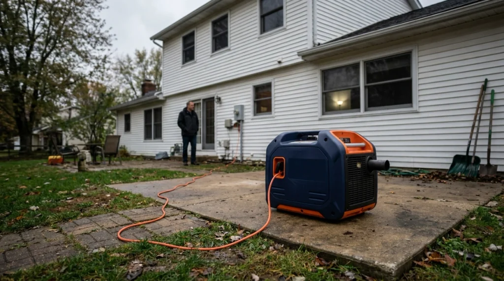 Portable generator positioned 20 feet from a house with exhaust directed safely away