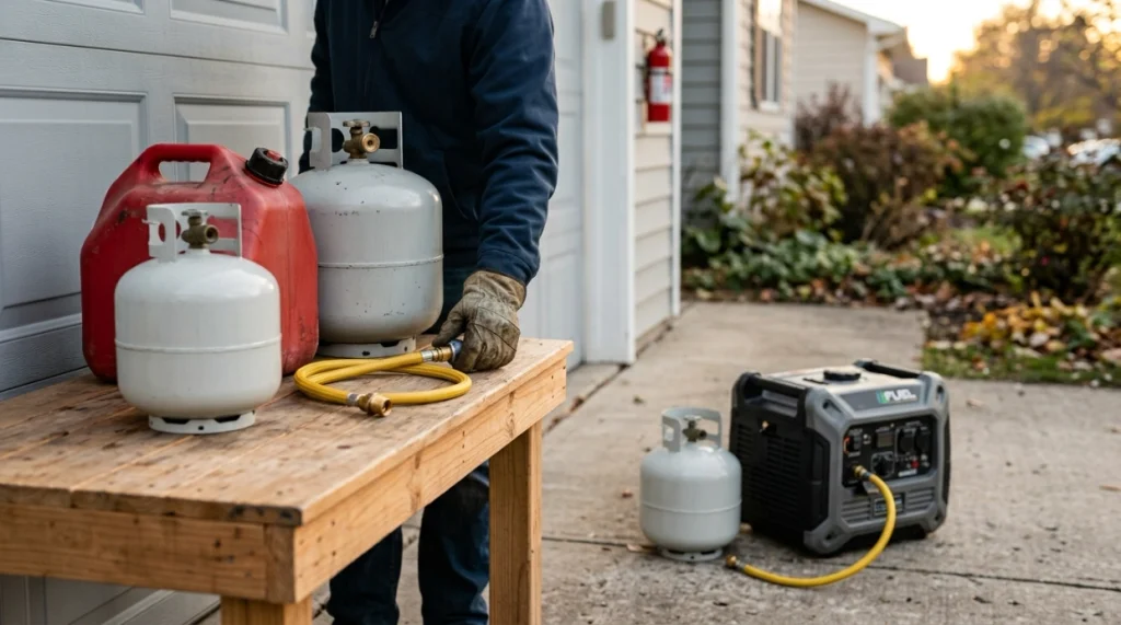 Gasoline, propane, and natural gas options beside a portable generator