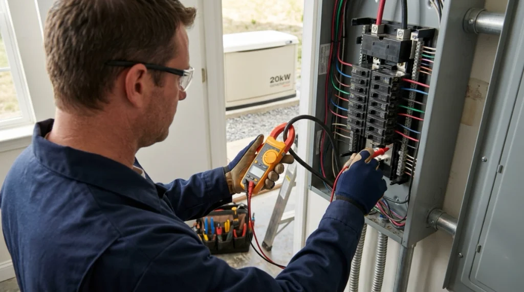 Electrician measuring a 20kW generator connection at a residential 240V electrical panel