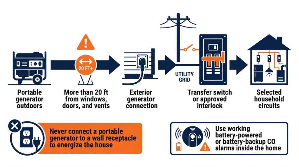 Safety diagram showing generator placement, transfer equipment, home circuits and carbon monoxide alarms