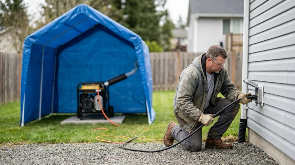 Electrician connecting a portable generator to a house through a safe transfer setup