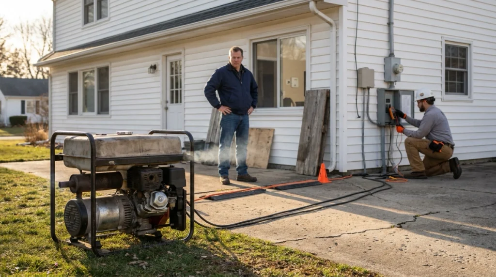 Portable generator operating outdoors away from a house with exhaust directed safely away