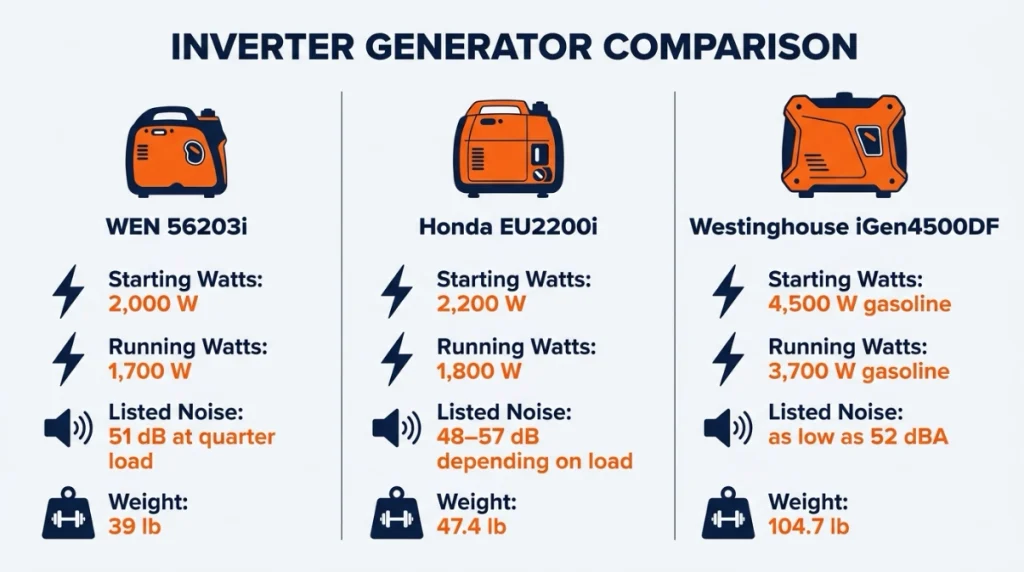 Comparison of WEN, Honda, and Westinghouse inverter generator watts, noise, and weight