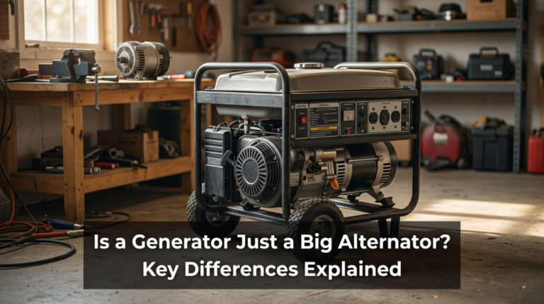 Complete portable generator beside a separate alternator head showing their key differences