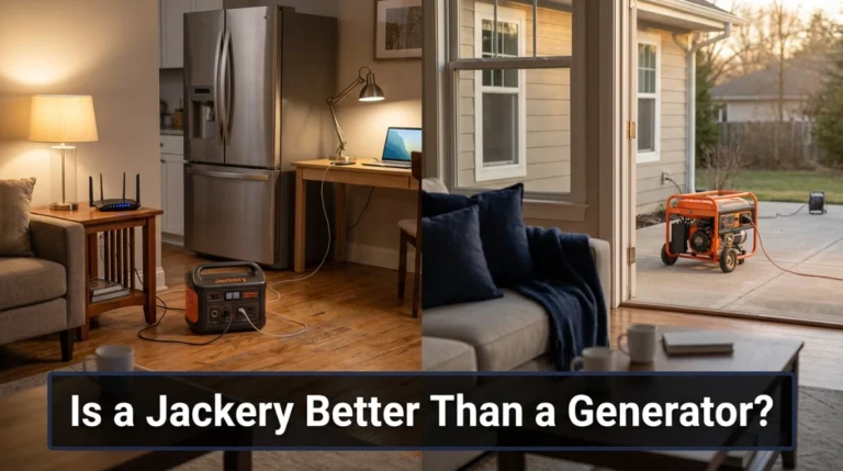 Jackery battery station compared with an outdoor fuel generator during a home power outage