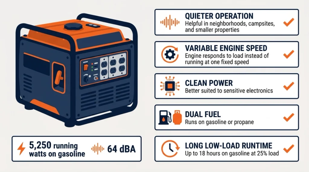 nverter generator infographic showing quiet operation, clean power, dual fuel and runtime benefits