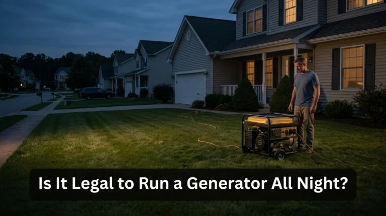 Portable generator running outdoors overnight beside a U.S. home during a power outage