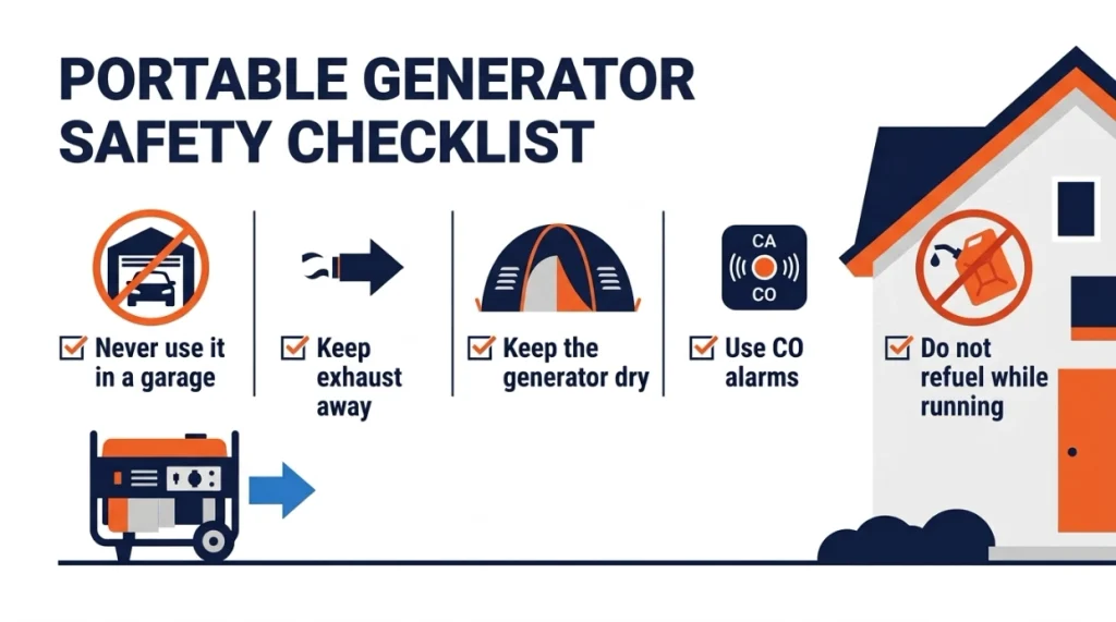 Overnight generator safety checklist covering garage use, exhaust, weather, CO alarms, and refueling.
