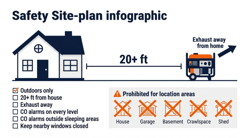 Generator safety diagram showing 20-foot clearance, exhaust direction, and CO alarms.