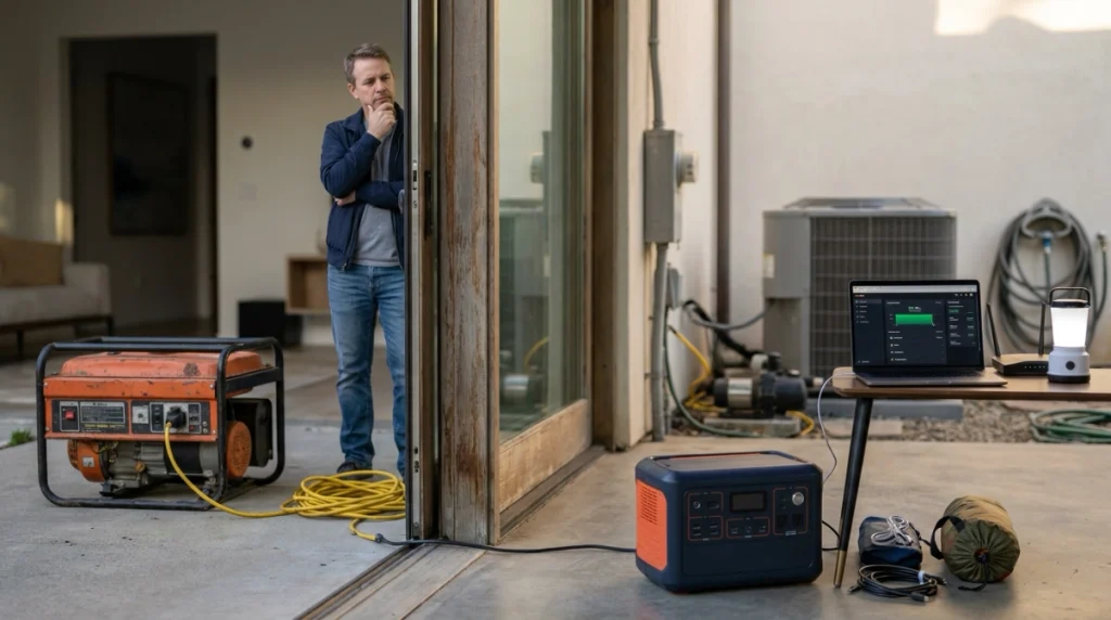 Homeowner comparing indoor Jackery battery backup with an outdoor portable fuel generator