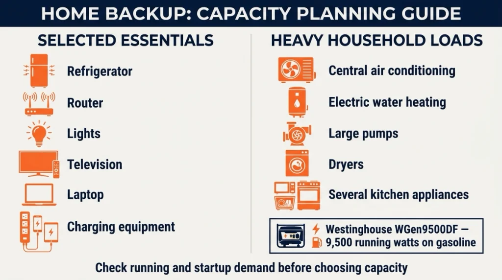 Infographic comparing Jackery-sized home essentials with high-demand generator loads