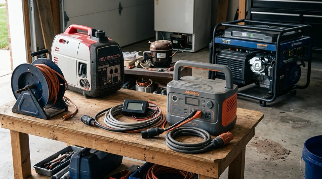 Jackery power station compared with compact and high-output portable generators in a garage