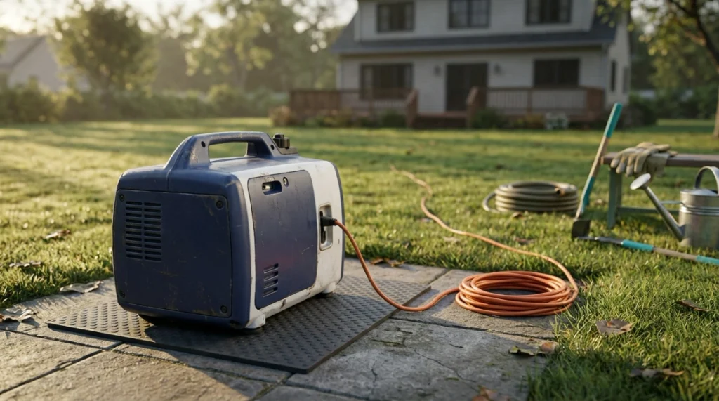 Portable generator placed safely outdoors on stable footing away from a home to reduce noise