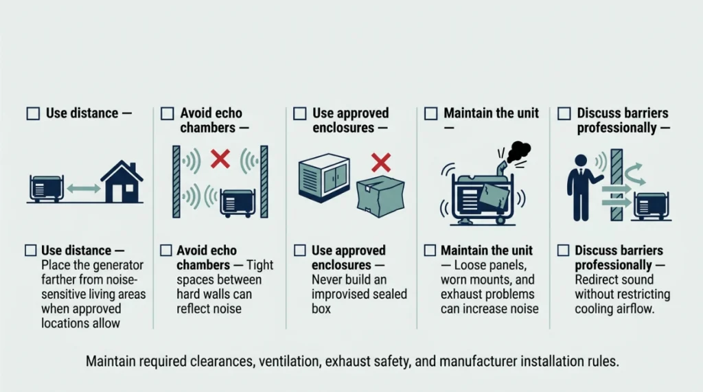Checklist infographic showing five safe ways to reduce whole house generator noise