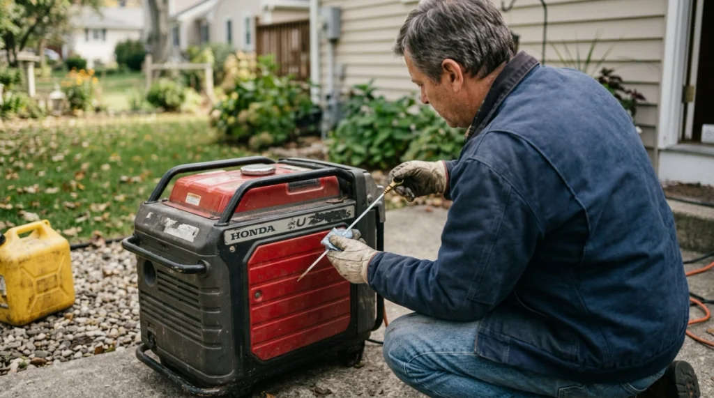 Homeowner checking generator oil, cooling vents, fuel, and maintenance needs during a long outage.