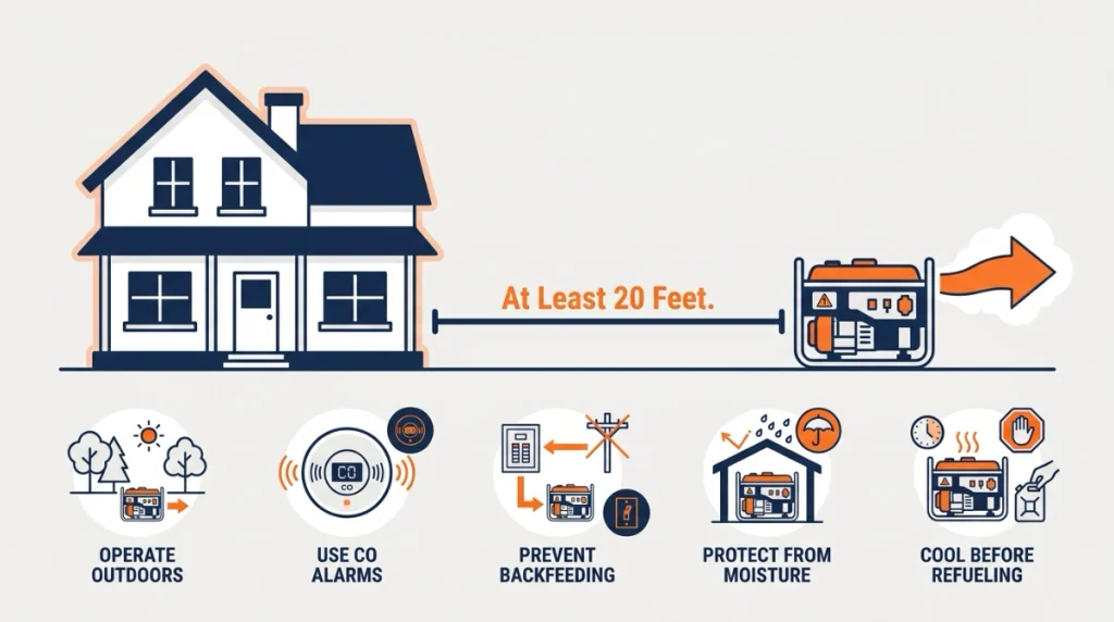 House generator safety infographic showing 20-foot spacing, CO alarms, and backfeeding prevention