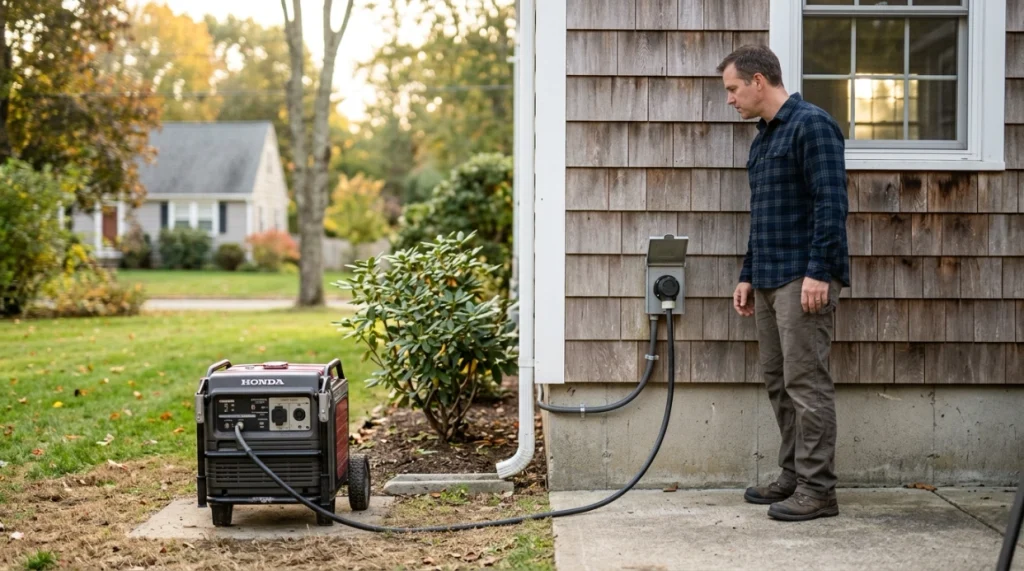 Portable generator connected safely to an exterior inlet with dry heavy-duty electrical cord.