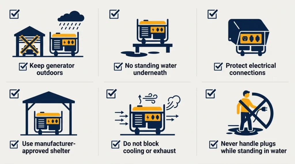 Infographic showing rain protection and electrical safety for a portable generator outdoors