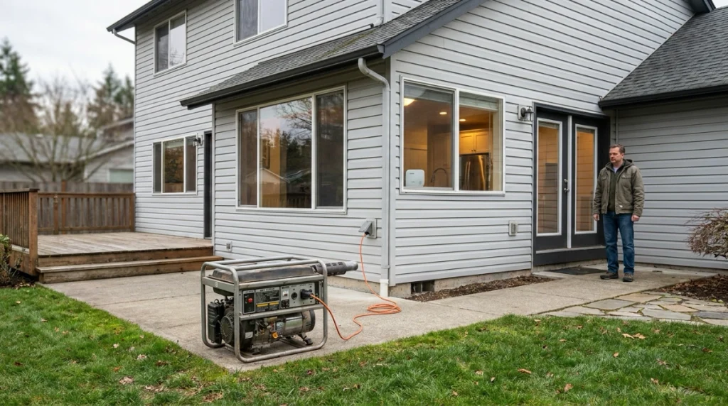 Portable generator placed outdoors 20 feet from a house with exhaust directed away