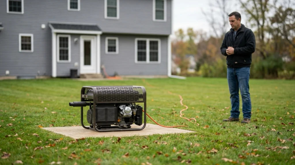 Portable generator safely positioned outdoors away from a house with exhaust directed away.