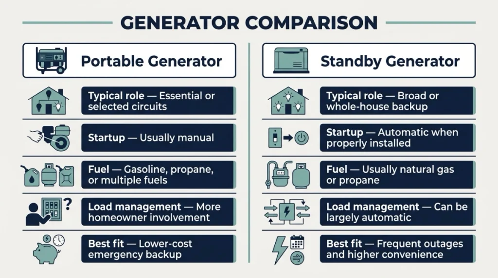 Comparison chart showing portable and standby generator roles, fuel, startup, and load management.