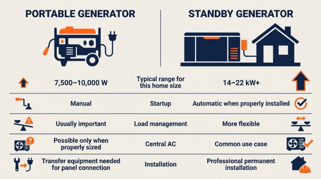 Portable 7,500–10,000W and standby 14–22kW generator options for a 2000 sq ft house.