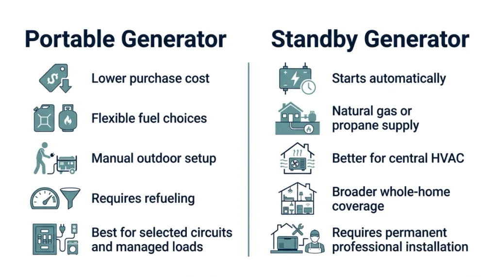 Portable vs standby generator chart comparing cost, operation, fuel, HVAC support, and installation.