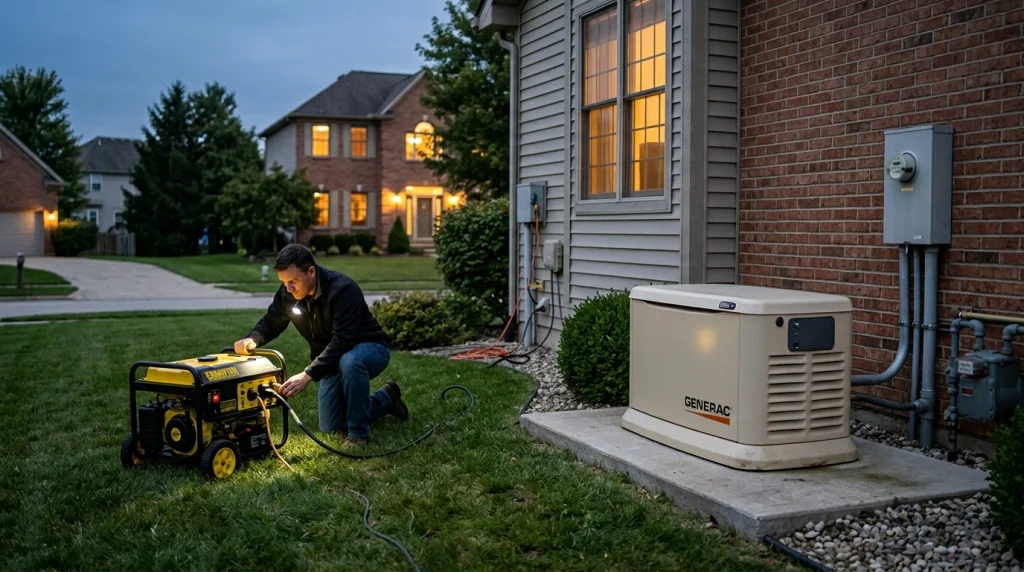 Portable generator and permanently installed standby generator shown at a suburban home at night