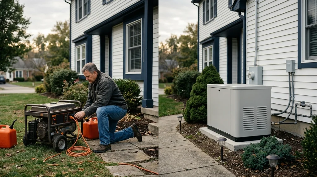 Portable generator compared with permanently installed standby generator beside a suburban home