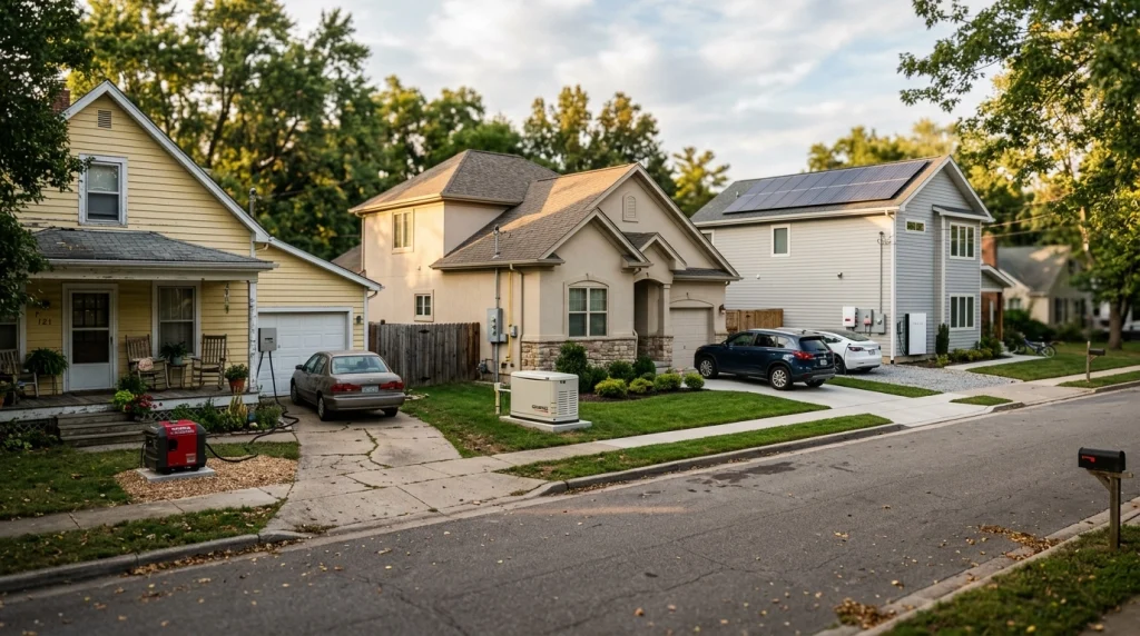 Three homes comparing portable generator, standby generator, and rooftop solar electricity systems