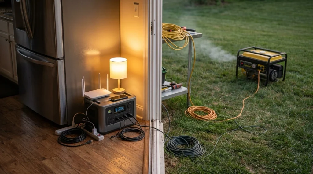 Hybrid backup setup using a power station indoors and generator outdoors.