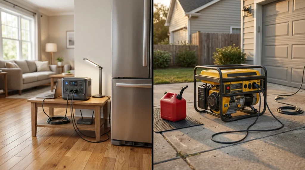 Indoor power station and outdoor fuel generator compared for home backup use.