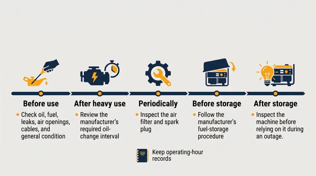 Generator maintenance timeline covering pre-use checks, service, storage, and post-storage inspection.