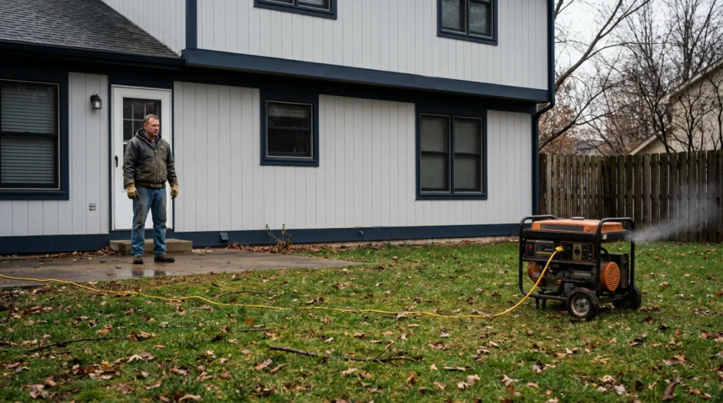 Portable propane generator operating outdoors far from a house with exhaust directed away.