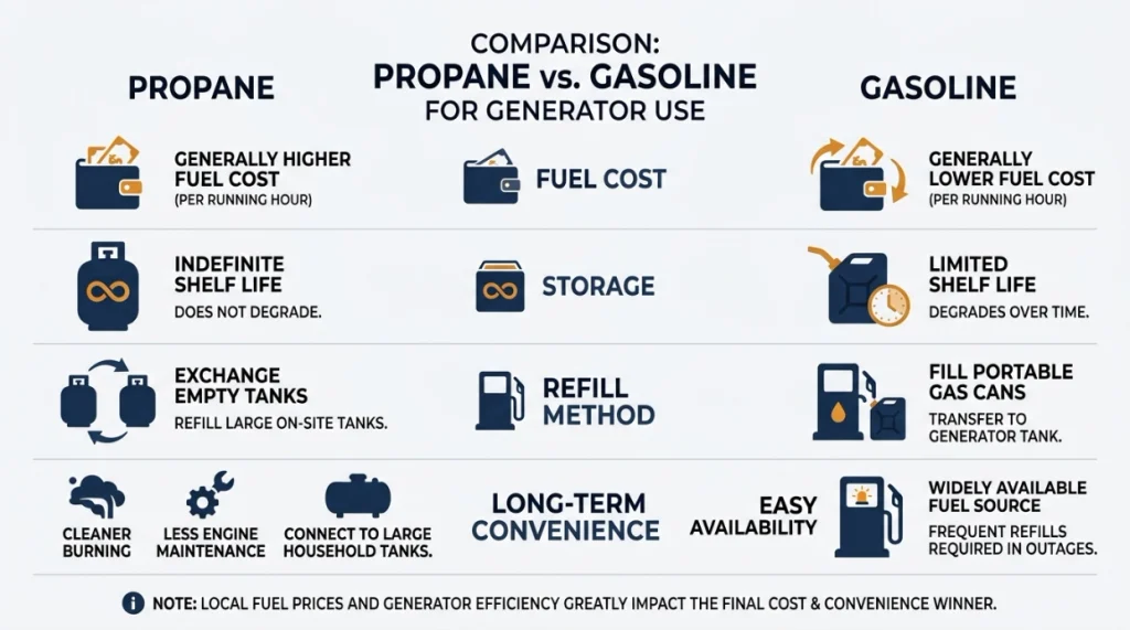 Infographic comparing propane and gasoline costs for generators
