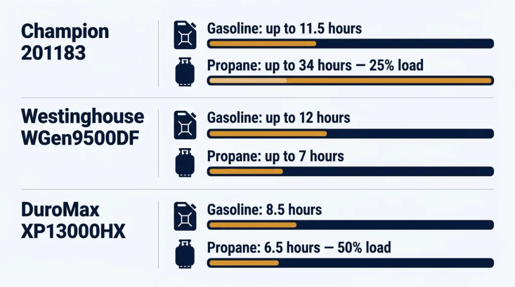 Propane vs gasoline runtime comparison for Champion, Westinghouse, and DuroMax generators.
