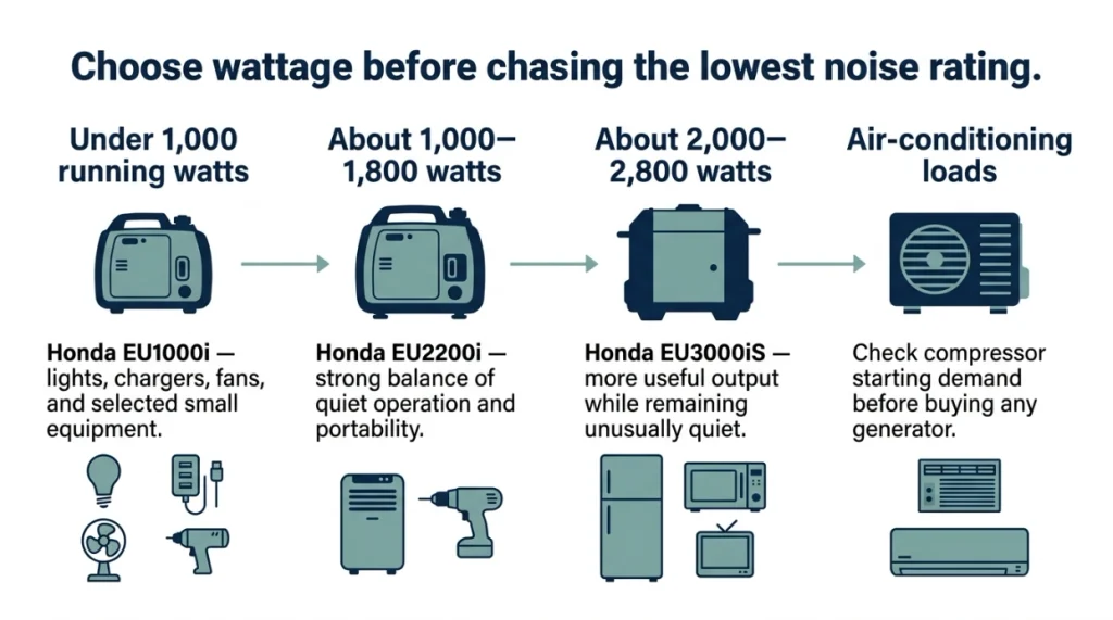 Quiet generator size guide for under 1,000W, 1,800W, 2,800W, and air-conditioning loads