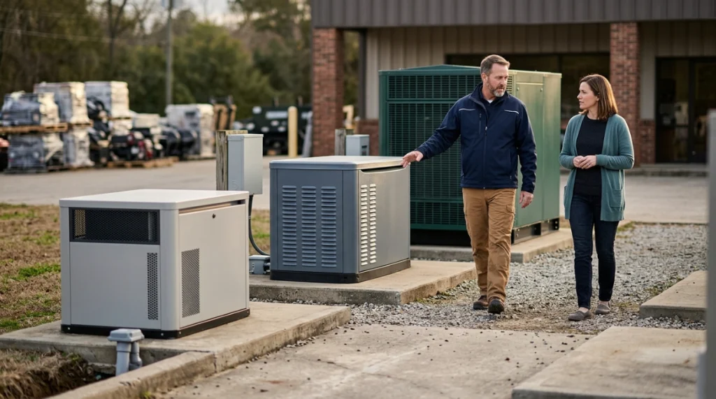 Three quiet whole house standby generator sizes compared in a realistic dealer setting