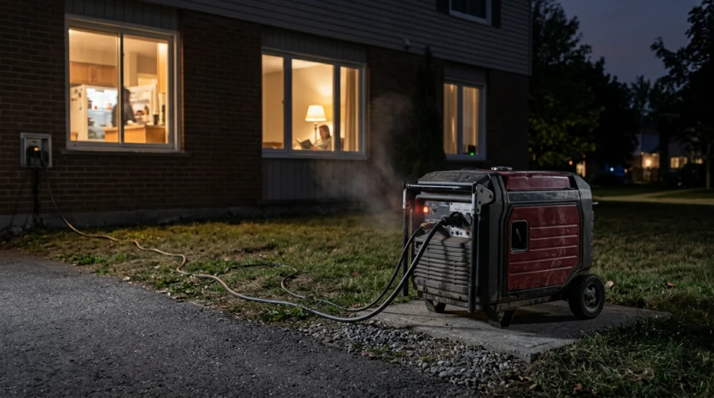 Large quiet inverter generator providing managed backup power to essential household circuits