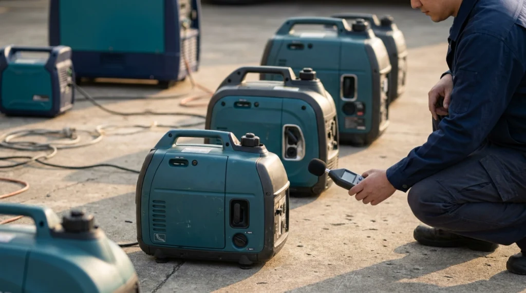 Technician comparing noise from several enclosed inverter generators in an outdoor test area