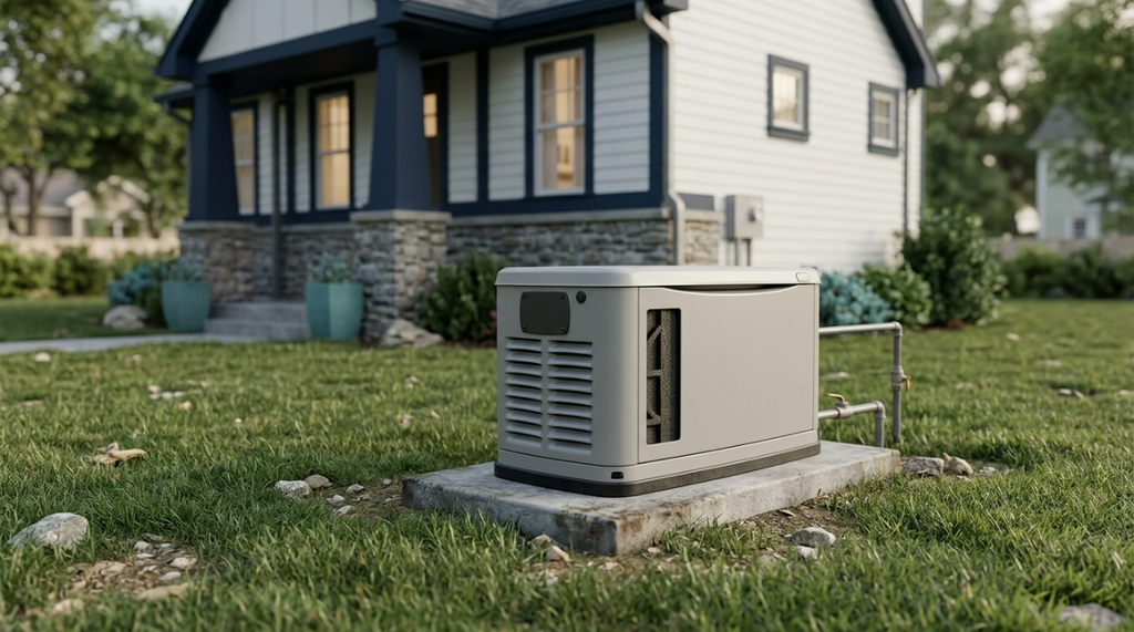 Quiet 14 kW-class whole house standby generator installed beside a suburban home