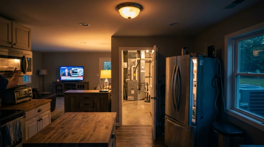 Household appliances operating together within a realistic 12,000 watt generator power budget.