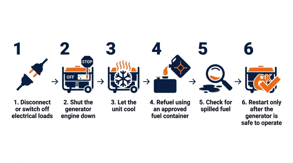 Six-step generator refueling process from shutting off loads through cooling, refueling, checking spills, and restarting.