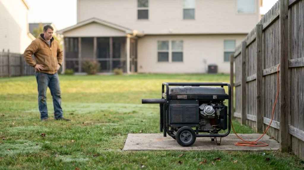 Portable generator outdoors about 20 feet from a house with exhaust directed away