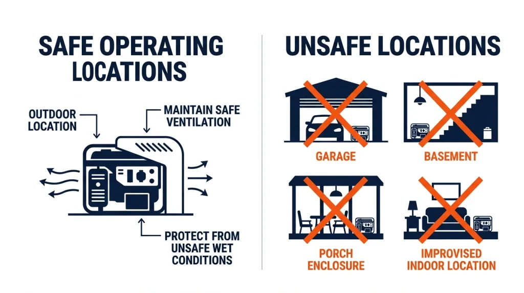 Generator weather safety infographic comparing ventilated outdoor placement with unsafe enclosed locations
