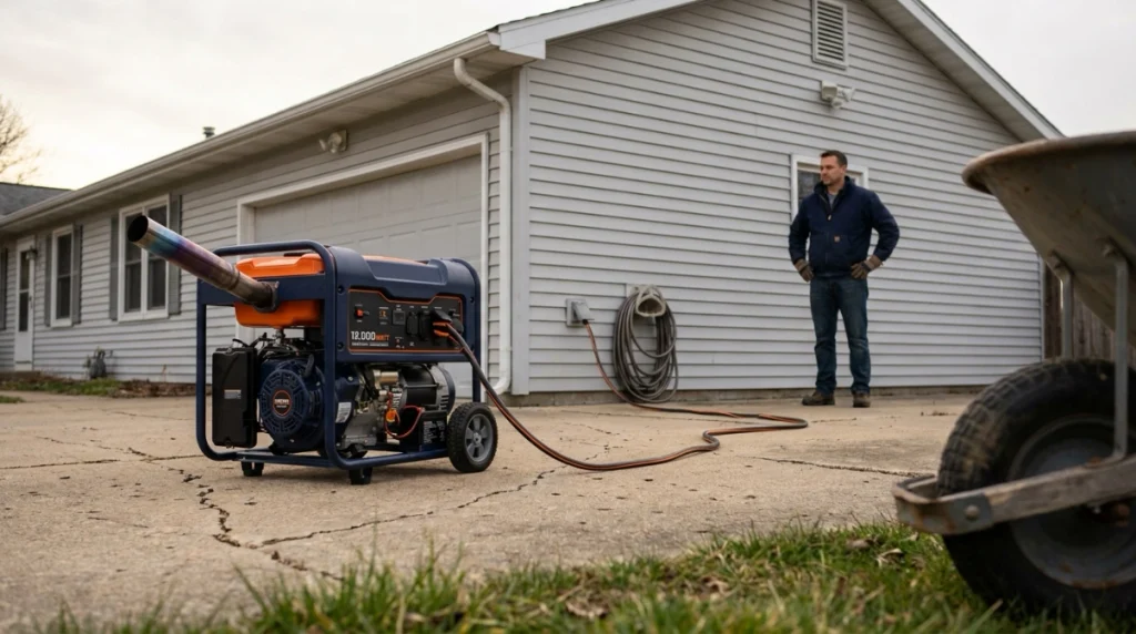 Portable 12,000 watt generator positioned outdoors away from house windows, doors and vents