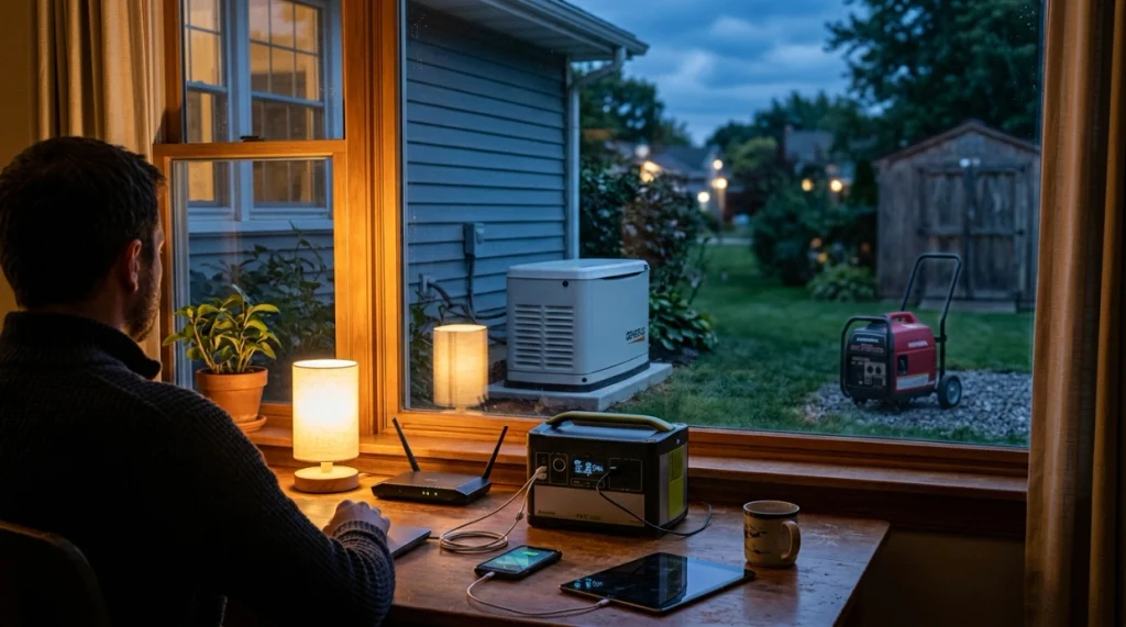 Battery power station, standby generator, and portable generator shown as backup power choices