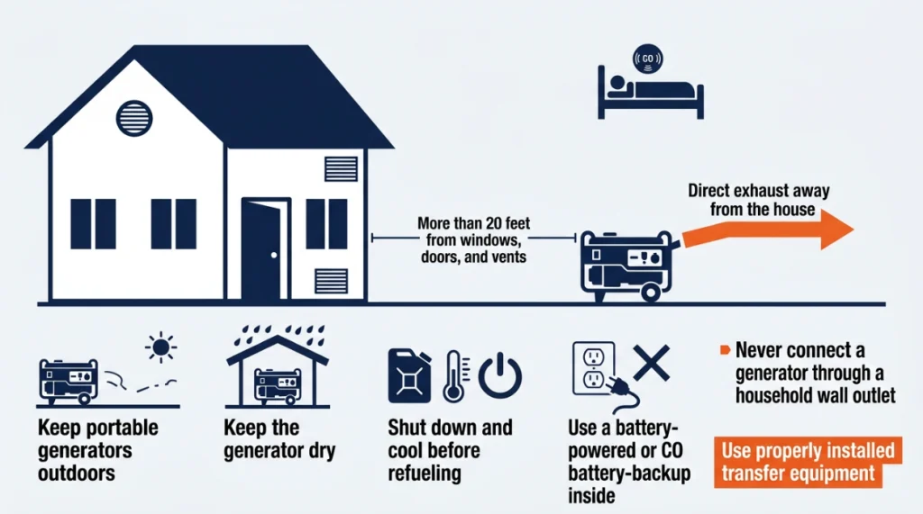 Generator safety infographic showing outdoor placement, 20-foot distance, CO detection, and transfer equipment