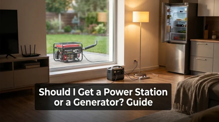 Power station indoors and generator outdoors comparing home backup power choices.