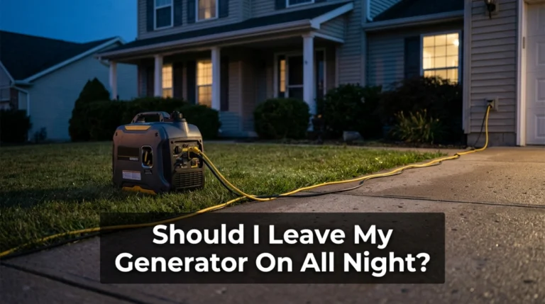 Portable generator safely outside a home at night for overnight generator safety guidance.